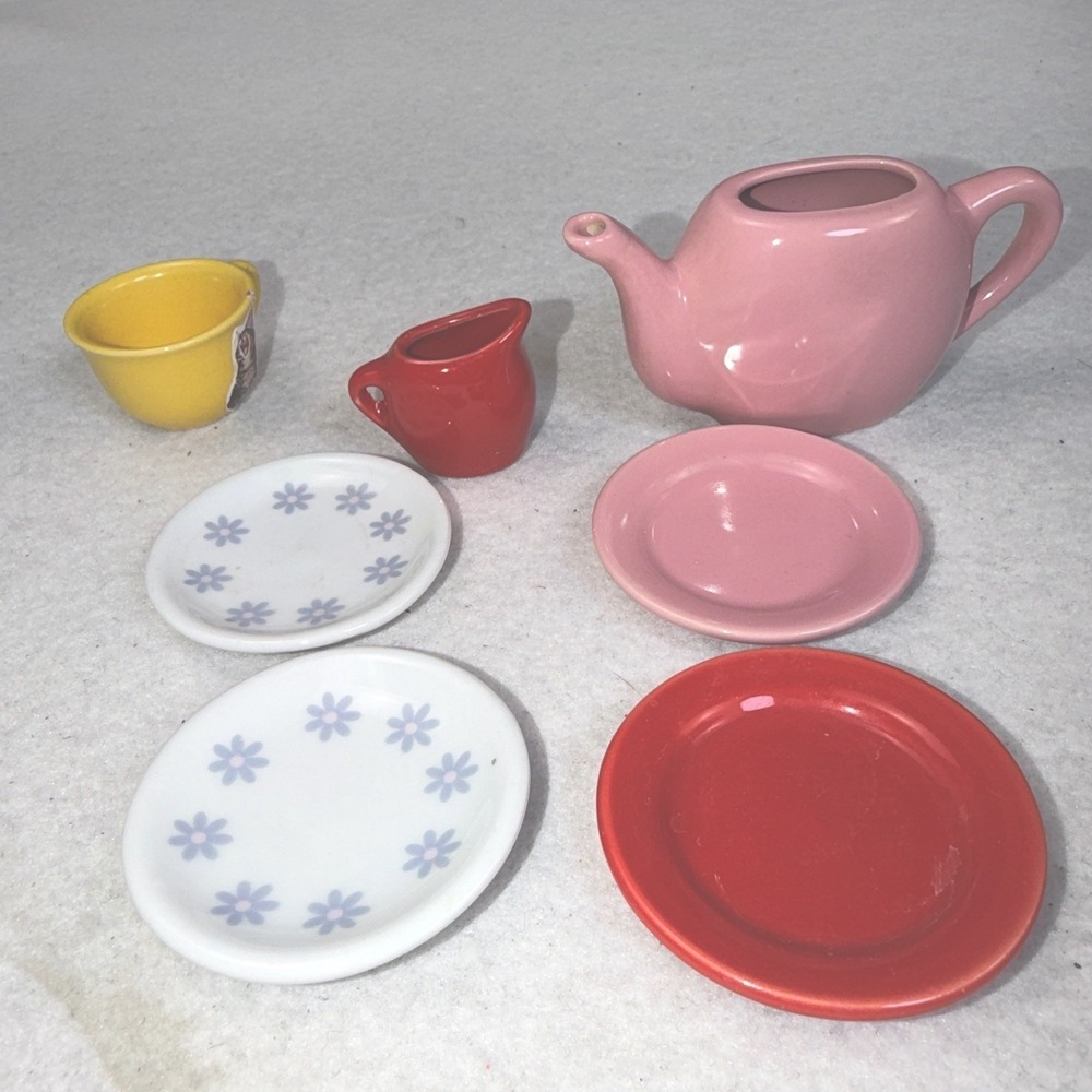 Schylling Miniature Ceramic Tea Set Pink Teapot Cup Creamer Plates 7 Pc